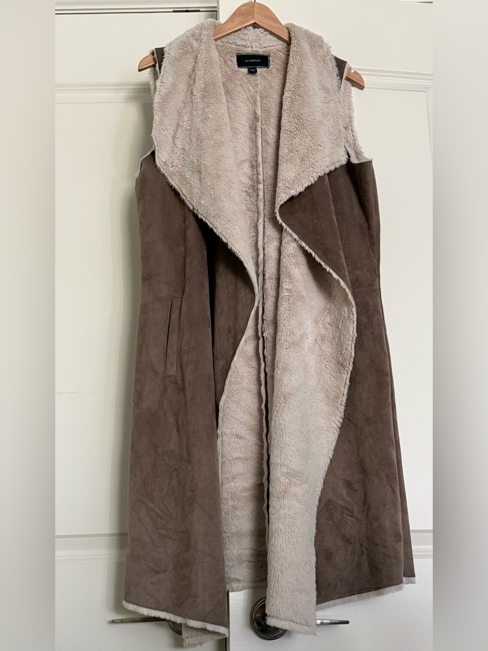 Soft Faux-Suede Long Vest - Taupe/Cream